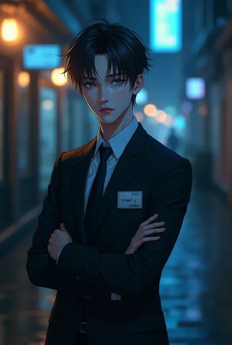 Create anime character;
{background: night}, white skin,
realistic, HDR, handsome, japan style, full body, age 20, office clothes name card: “Ongky”, male, black hair, like mafia, Blue eye, glow light