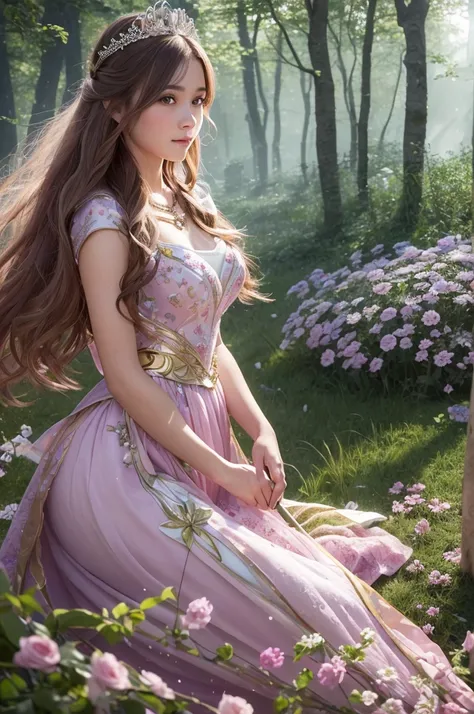 8k, RAW photo, best quality, masterpiece:1.2), (realistic, photo-realistic:1.4), (extremely detailed 8k wallpaper),Create a high-resolution, cute fantasy illustration of a warrior princess in an enchanted forest. The princess has a youthful, adorable face ...