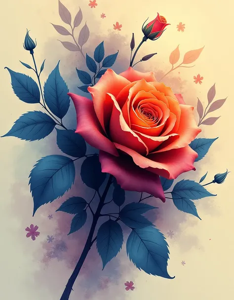 flower, Rose ,in the style of dark blue and orange in the center, dreamy and romantic compositions, pale yellow, ethereal foliage, playful arrangements,fantasy, high contrast, ink strokes, explosions, over exposure, purple and red tone impression , abstrac...