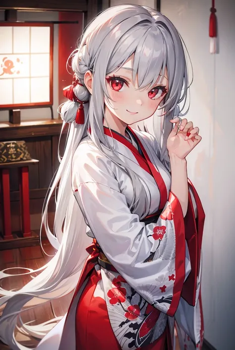 One girl, Long Hair, smile, Gray Hair, Red eyes, High resolution, White kimono,Vision,shrine,Hands behind back,Fisheye