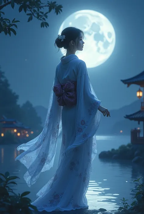 A woman in a kimono illuminated by the moonlight