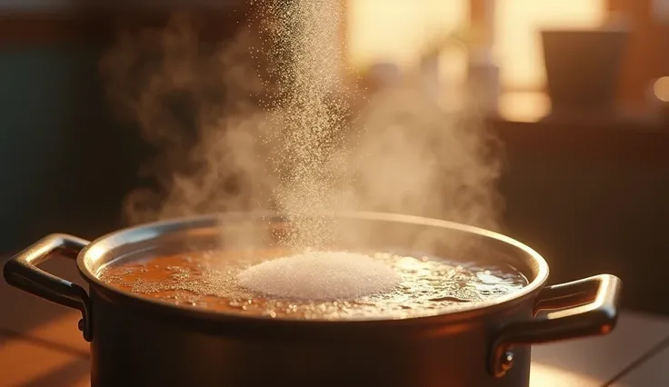 Slow-motion shot of 2 teaspoons of salt being sprinkled into the pot., the liquid bubbling as it reaches a boil, detailed liquid simulation, steam rising, kitchen interior, warm lighting, photorealistic, highly detailed