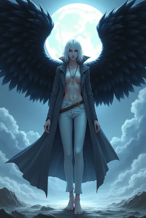 Create a Lunarian from One Piece, with black wings, white hair, white pants and an open gray coat showing One Piece&#39;s chest