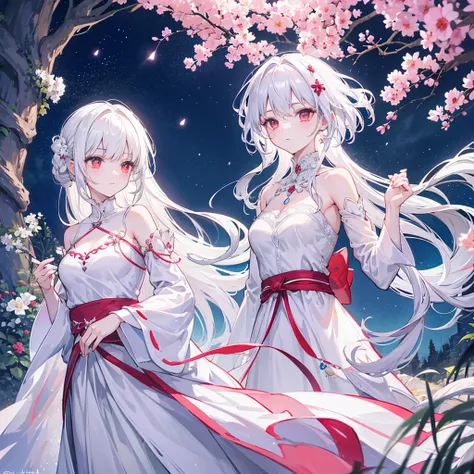 white hair color hair,red eyes,OK,Moonlight night,target shoulder,flowing robe,breeze,twinkling stars,tropical garden,charming atmosphere,The beauty of tranquility,Ethereal charm,glowing light,Bright colors,romantic atmosphere,mysterious charm,Serenade at ...