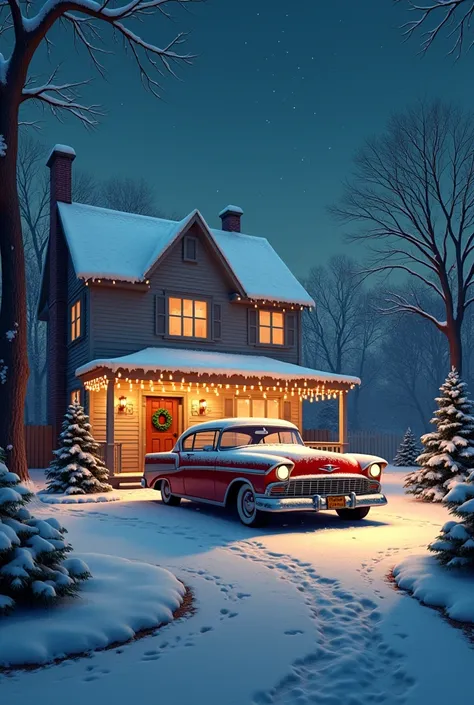 Create an AI generated image with a car and a house for the month of December 