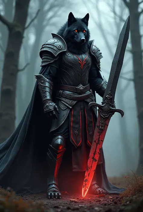 "A black wolf with red stripes and glowing red eyes, dressed in medieval-style armor that looks old and worn, featuring a dark cape and hood. The wolf holds a large, damaged greatsword with visible cracks and dents, surrounded by a faint red aura. Set in a...