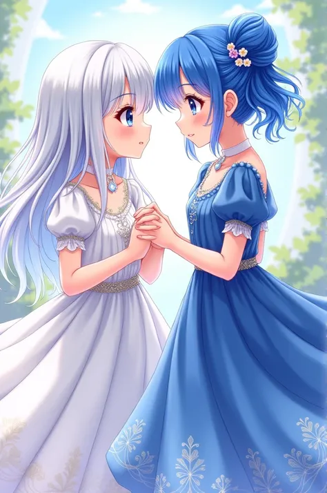 Two Anime girls one wearing white hair and white dress and second wearing blue hair and blue dress 