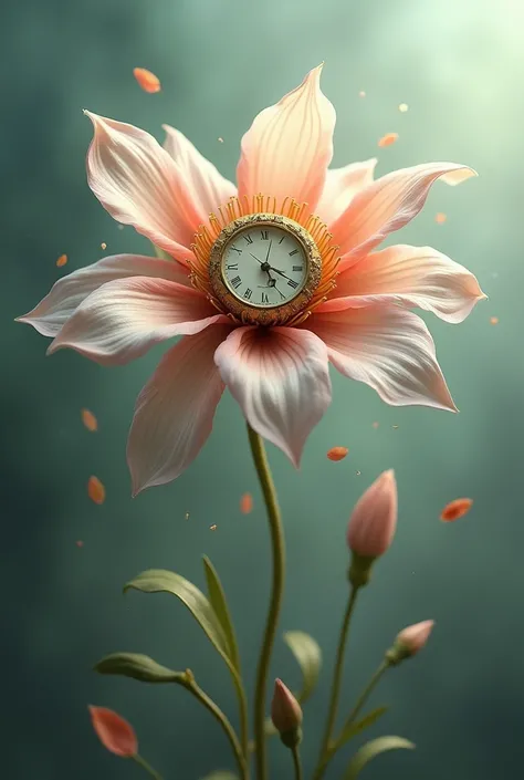 Make me a surreal flower with a clock in the center and petals falling off 