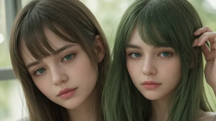 a girl. European. Extremely detailed face. Oval face. Delicate facial features. Half-closed eyes. Long straight hair. Messy hair. Bangs. Green hair. Green eyes. Sad mood, shy expression