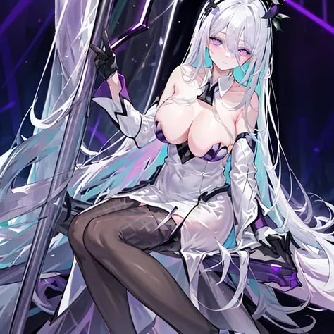 ((masterpiece:1.4, best quality))+, (Super detailed)+,(Super detailed eyes)+, (cute 1girl),,(Purple eyes:1.15),silver hair, very long hair,(Variza:1.2),pale skin,Keep your mouth shut,sad, (She wears a robe made of vines:1.5),(Big breasts:1.2),(Vine dress:1...