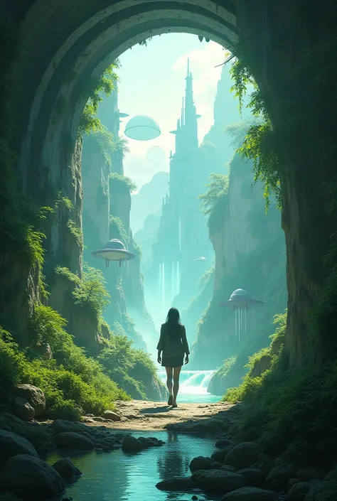 A person entering through a portal where there is a technological and futuristic world but with nature everywhere 