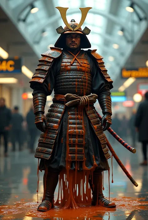 Create an image of a samurai bathed in stew and who is in an airport