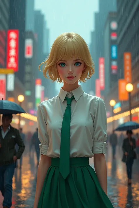 1girl, blond hair, short hair, blue eyes, white shirt, green tie, green skirt, city, rain, detailed background 