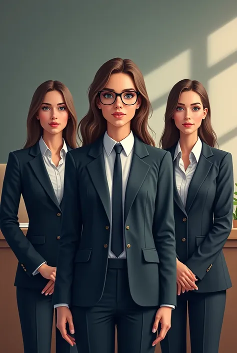 2 female teachers and one male teacher and all in suits, Only one woman with glasses and the others without glasses,  all 2 