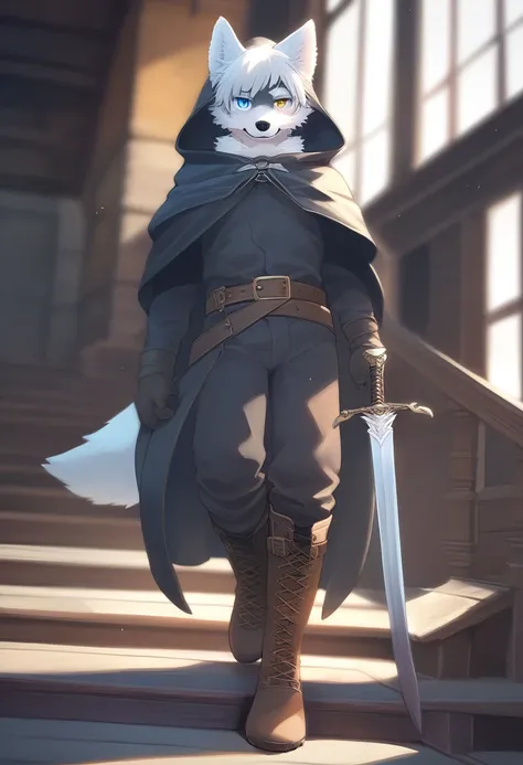 ((Masterpiece)), ((Best Quality)), (Very Detailed), ((Very Detailed)), 4K, (8K), very aesthetic, absurdres highres, 1 man, (anthropomorphic wolf, furry, kemono:1.5), weapon, sword, furry, animal ears, boots, hood, heterochromia, furry male, holding, tail, ...