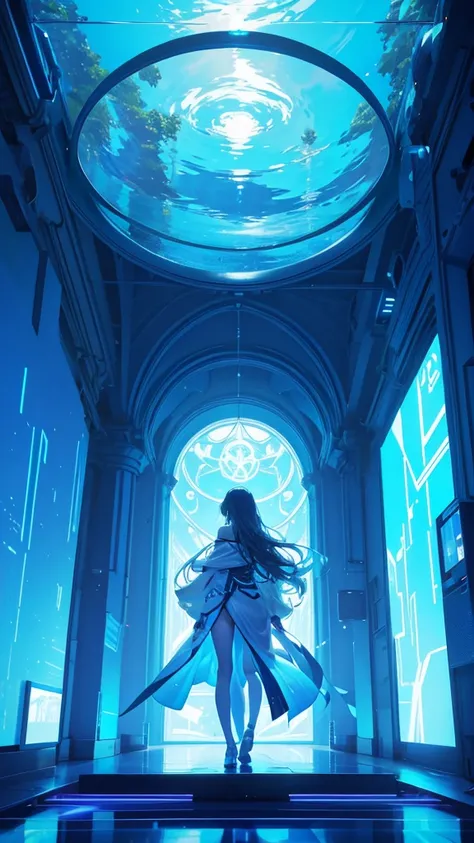 a girl clearly in the middle and zoom in on girls A futuristic, utopian resort set on a grand, multi-level structure overlooking the ocean, where everything is bathed in varying shades of blue to create a curious and mesmerizing atmosphere. The architectur...