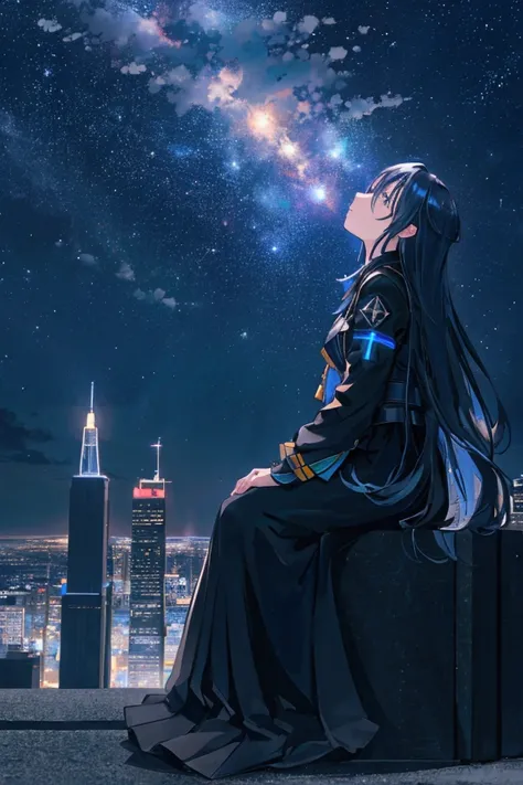 Octane, sky, star (sky), view, starry sky, nighttime, 1 male, nighttime sky, alone, outdoor, building, cloud, galaxy, sit, tree, long hair, city, Silhouette, cityscape, looking up at the sky, 8ก, Beautiful night sky, Ray Tracing, Masterpiece, Cute face