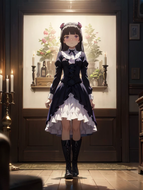 ((ruri gokou)), 1 girl, alone, Hime cut, Long Hair, assassin, Victorian dress with corset、Lace veil、boots. Antique revolver、Garnet Dagger、Victorian style poison bottle. Abandoned Mansion、In front of an old portrait、The candle flame flickers, full body