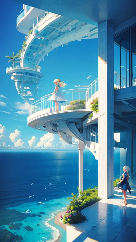 a girl clearly in the middle and zoom in on girl . A futuristic, utopian resort set on a grand, multi-level structure overlooking the ocean, where everything is bathed in varying shades of blue to create a curious and mesmerizing atmosphere. 