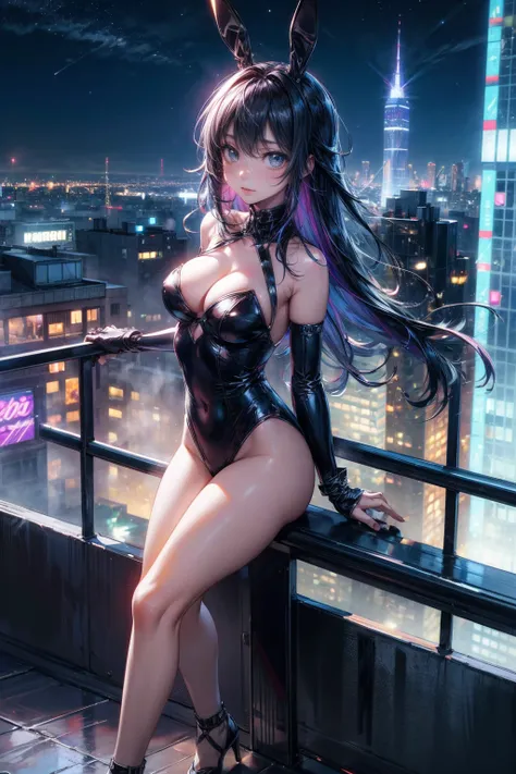 Lunch on the roof of a skyscraper、dining、cyber punk、Night view、Neon Light、Metropolis、Bunny girl、enamel、High leg、Cross your legs、Erotic、Highest quality、masterpiece、Ultra high definition