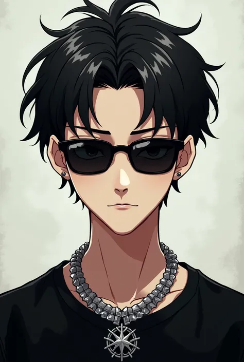 A guy wearing a black shirt and a necklace and sunglasses anime
