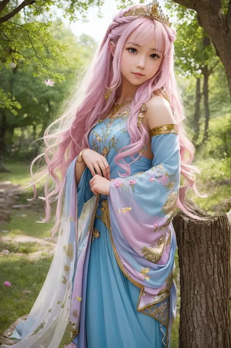 8k, RAW photo, best quality, masterpiece:1.2), (realistic, photo-realistic:1.4), (extremely detailed 8k wallpaper),Create a high-resolution, cute fantasy illustration of a warrior princess in an enchanted forest. The princess has a youthful, adorable face ...