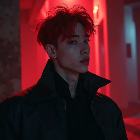 Yang Jeongin from Stray Kids. A sexy redheaded boy, detailed face and eyes, misterious scene, hell, glowing lights, colorful atmosphere, cinematic lighting. Demon boy