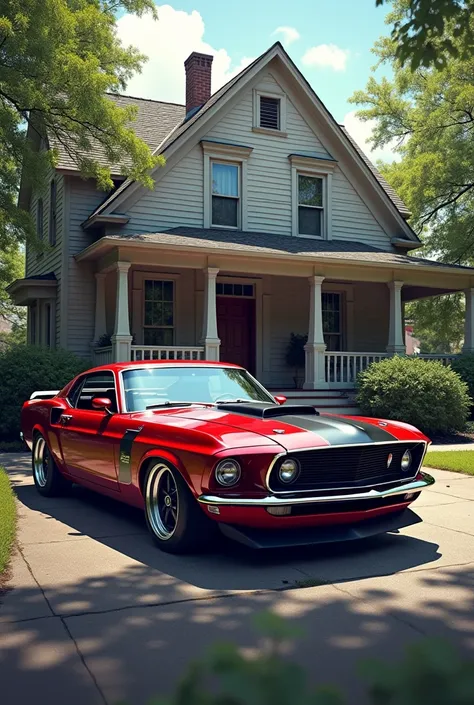 Create an AI generated image with a For Mustang and a house 