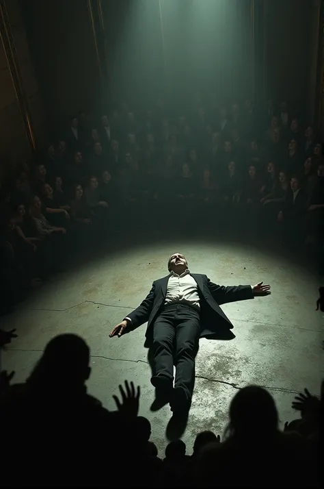 A dead guy on the floor of a stage in open public