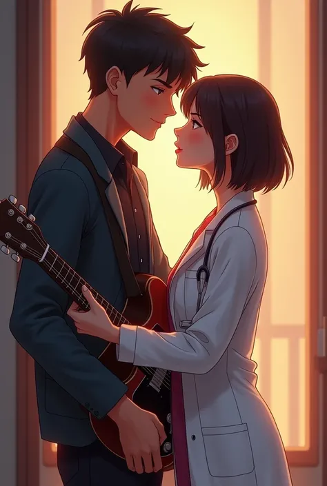 

A handsome young man and a beautiful young woman, with the woman being a doctor and the man a singer, the man wearing a singer outfits. the woman is wearing doctor outfit. The man, who looks like a typical singer, is holding a guitar. the woman have a st...