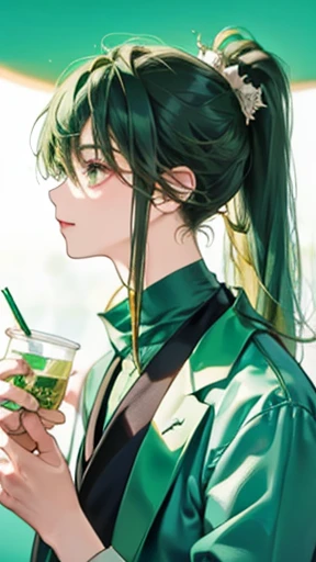 Green haired male、Ponytail and headphones、Scarf wrapped around suit、I have a cup
