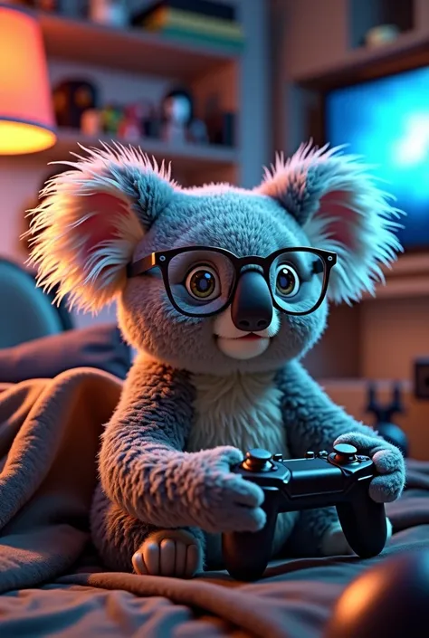 Koala wearing glasses and holding video game controller ( koala playing video games) background an image of a gamers room 