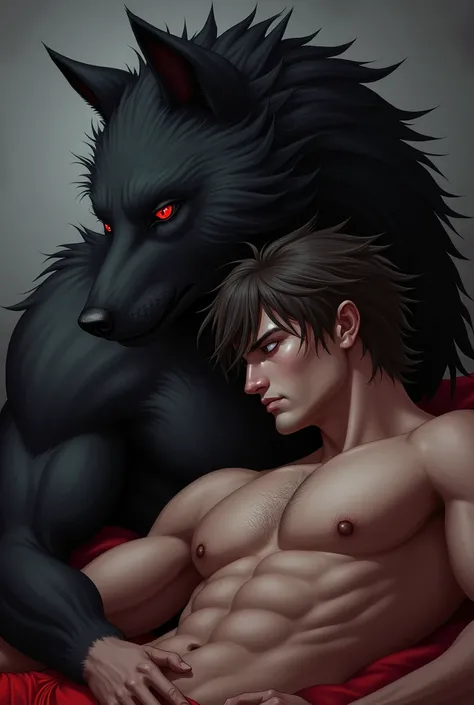 Handsome Muscular furry black Wolf red eyes smile looking at male human male head in lap chest hair red underwear 