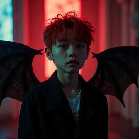 Yang Jeongin from Stray Kids. A sexy redheaded boy, detailed face and eyes, misterious scene, hell, glowing lights, colorful atmosphere, cinematic lighting. Demon boy with demon wings