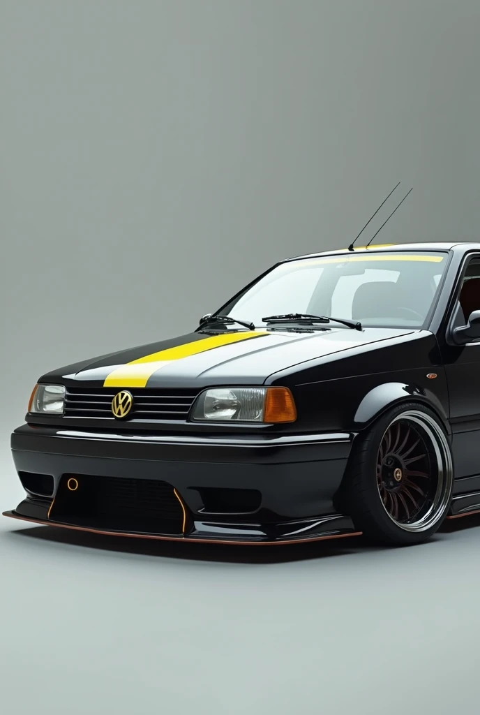 Volkswagen Vento 1998 modified with spoiler and a bodykit with a yellow line on the left side of the hood