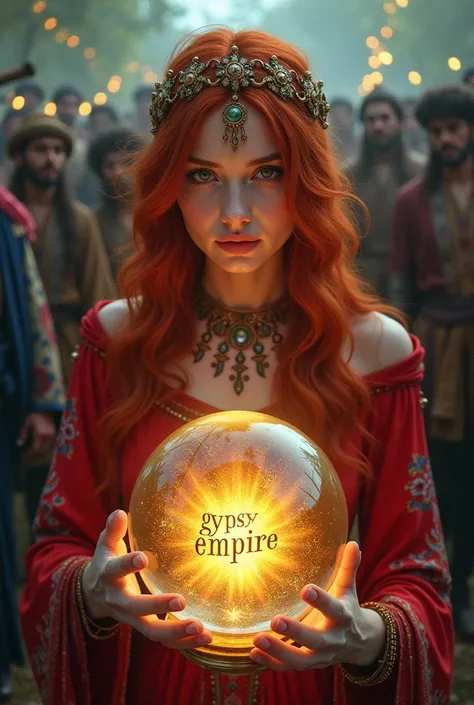 Beautiful gypsy with red hair and a red dress looking at a crystal ball with GYPSY EMPIRE written inside and many gypsy men and women around it 