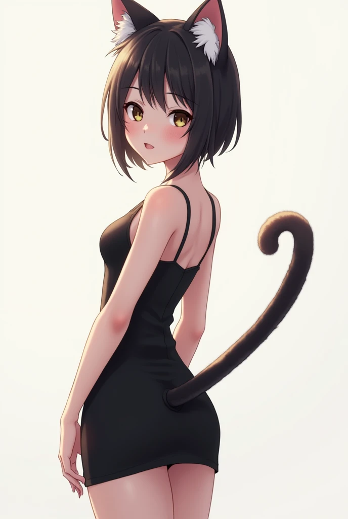 A beautiful anime girl with cat ears  wearing a black dress with a long tail  [blank background