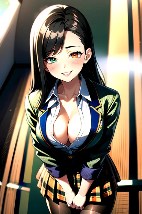 （（super high quality,））（（Ultra-high resolution,））（16K,）（super masterpiece,）（（Ultra HD ,））（Detailed shading,）Photo from chest up,One sexy high school girl,Blue-green blazer,（（White dress shirt with upturned collar,））Open chest,The third button is open,Cleav...