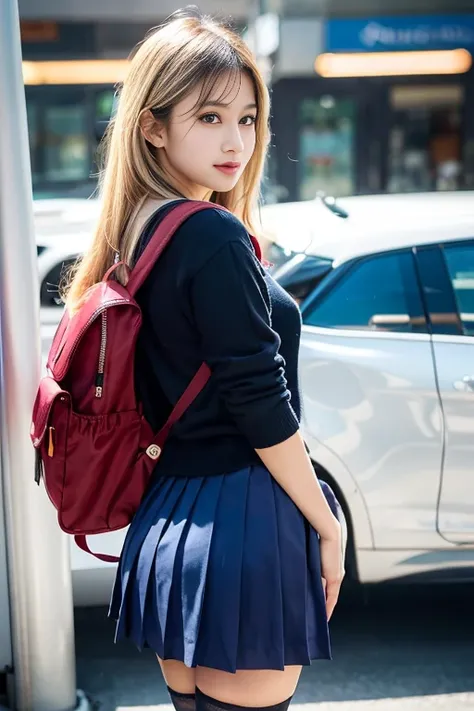 masterpiece, Highest quality,Very detailed, The finer details, High resolution, 8k,wallpaper, Perfect dynamic composition,(Detailed high quality, Realistic depiction of eyes:1.3), sailor school uniform,navy blue colored pleated Skirt,micro mini skirt,4 hai...