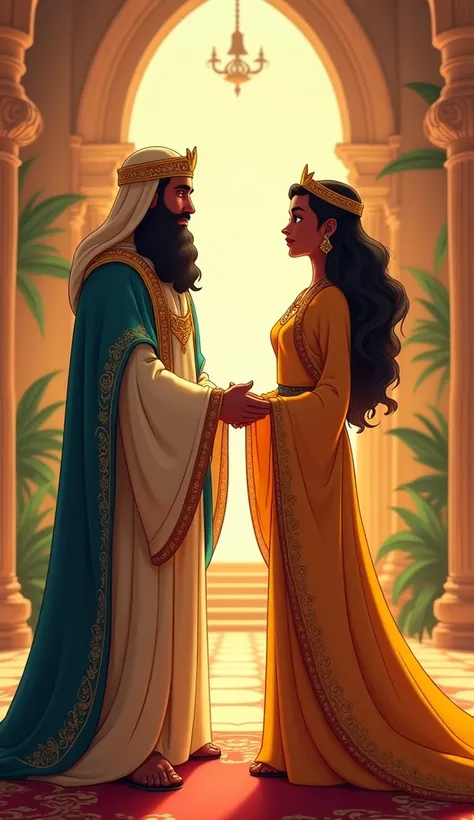 King Solomon and the Queen of Sheba,Traditional costumes,  Disney cartoon style, whole body