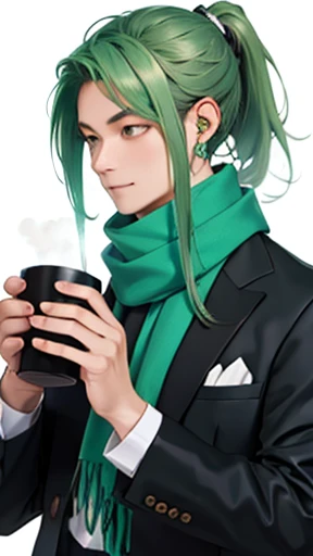 Green haired male、Ponytail and headphones、Scarf wrapped around suit、I have a cup
