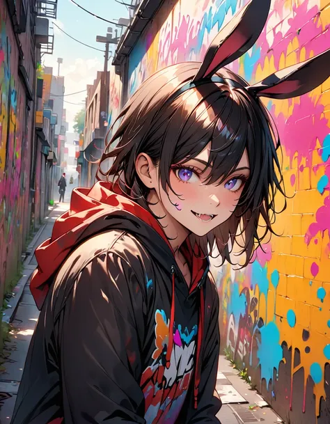 He gave me a mischievous smile.、Gender-indistinguishable boy, Baring his fangs. He is wearing a black hoodie with rabbit ears, Stand in front of a wall covered in graffiti and paint splatter. The boy is playful、Has a lively expression, There was a mischiev...