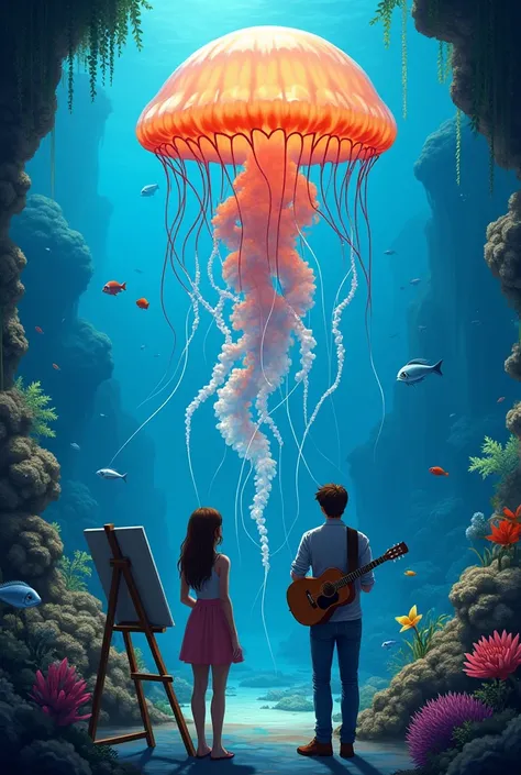 Make a book cover where a couple meets in an aquarium. In this aquarium there is a huge jellyfish and the woman is painting the jellyfish because she is an artist and the man, a guitarist, is looking at her in awe.