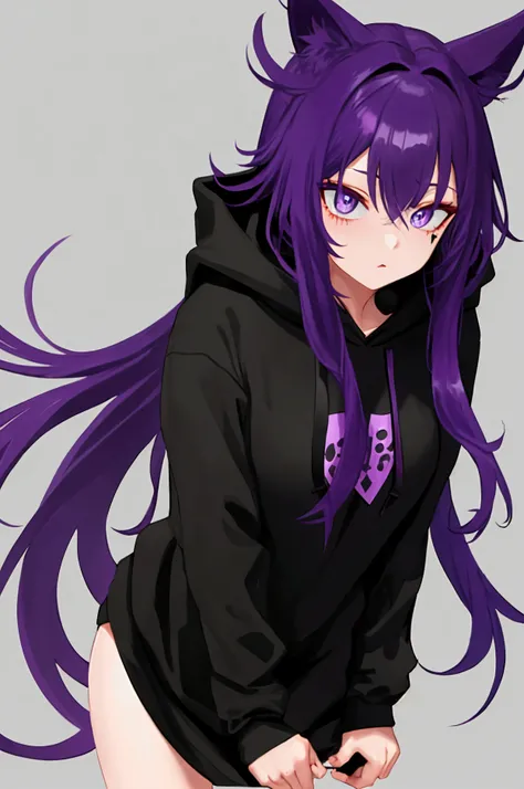 A  wearing a black hoodie has long, purple hair and her eyes are purple and red