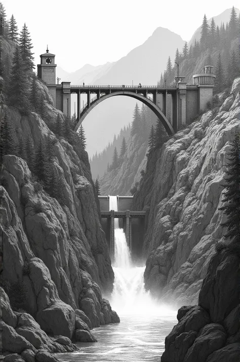 Hydroelectric dam in black and white drawing 