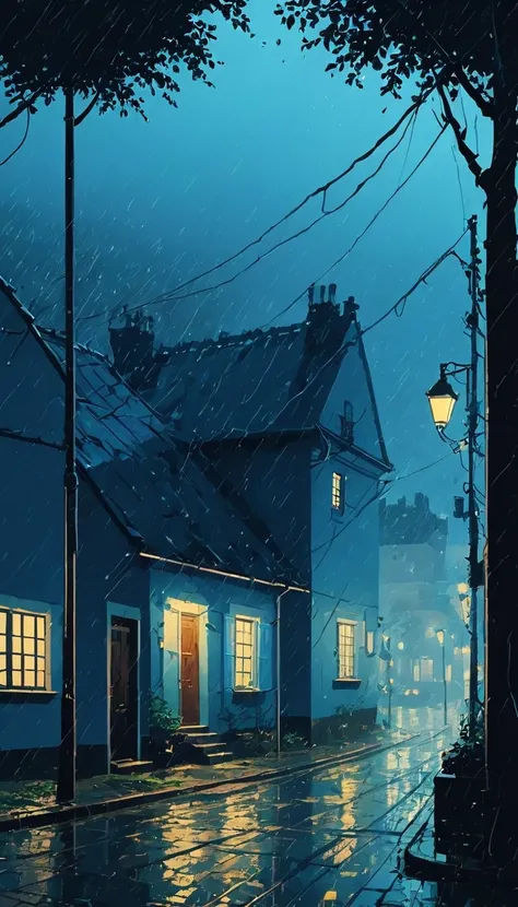 Draw a simple Tintin style art of a blue house with a tree and a street lamp, rainy afternoon, rainy night, cartoon moody scene, rainy and gloomy atmosphere, animated background art, beautiful anime scene, quiet night. digital illustration, raining at nigh...