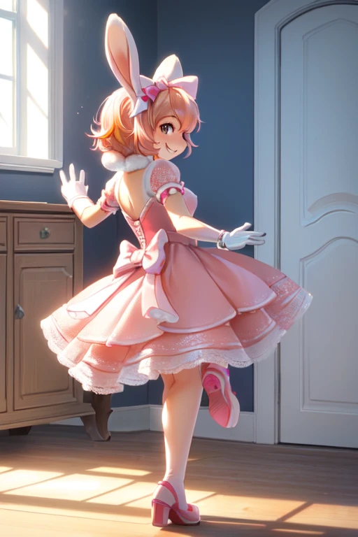 playful, happy expression, animated bunny character, pink dress with large bow, pink hair accessory, short and styled orange hair, wearing gloves, dynamic pose, standing on one leg, playful body direction, looking back with a smile, cute and whimsical atmo...