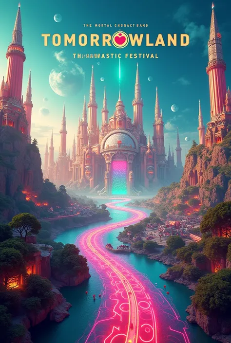 Flyer with a TITLE THAT SAYS TOMORROWLAND set in tomorrowland WITHOUT VISIBLE LIFE BEINGS with a background with many colors