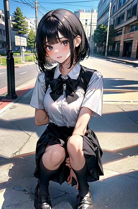 (Highest quality)), ((masterpiece)), (detailed), (Anatomically correct), (8k, 32K), (cute), One woman, ((１７Year old girl)), ((Beautiful woman)), ((Bobcut)),（Black Hair), ((White skin)), ((Black Eyes)), (((JK))), (((High school girls))), ((Big Breasts)), ((...