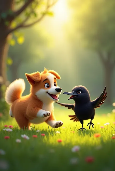 a dog playing with crow